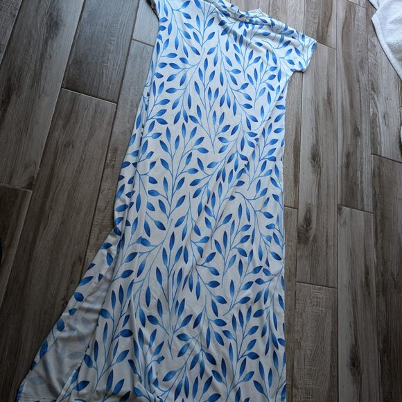 Exclusive Heart Blue Leaf Print Maxi Dress M – Short Sleeve V-Neck Summer - Picture 7 of 7